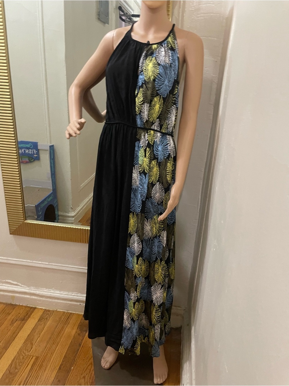 Diane Von Furstenberg Black Maxi with Blue and Gold Leaf Panel - Picture 11 of 12